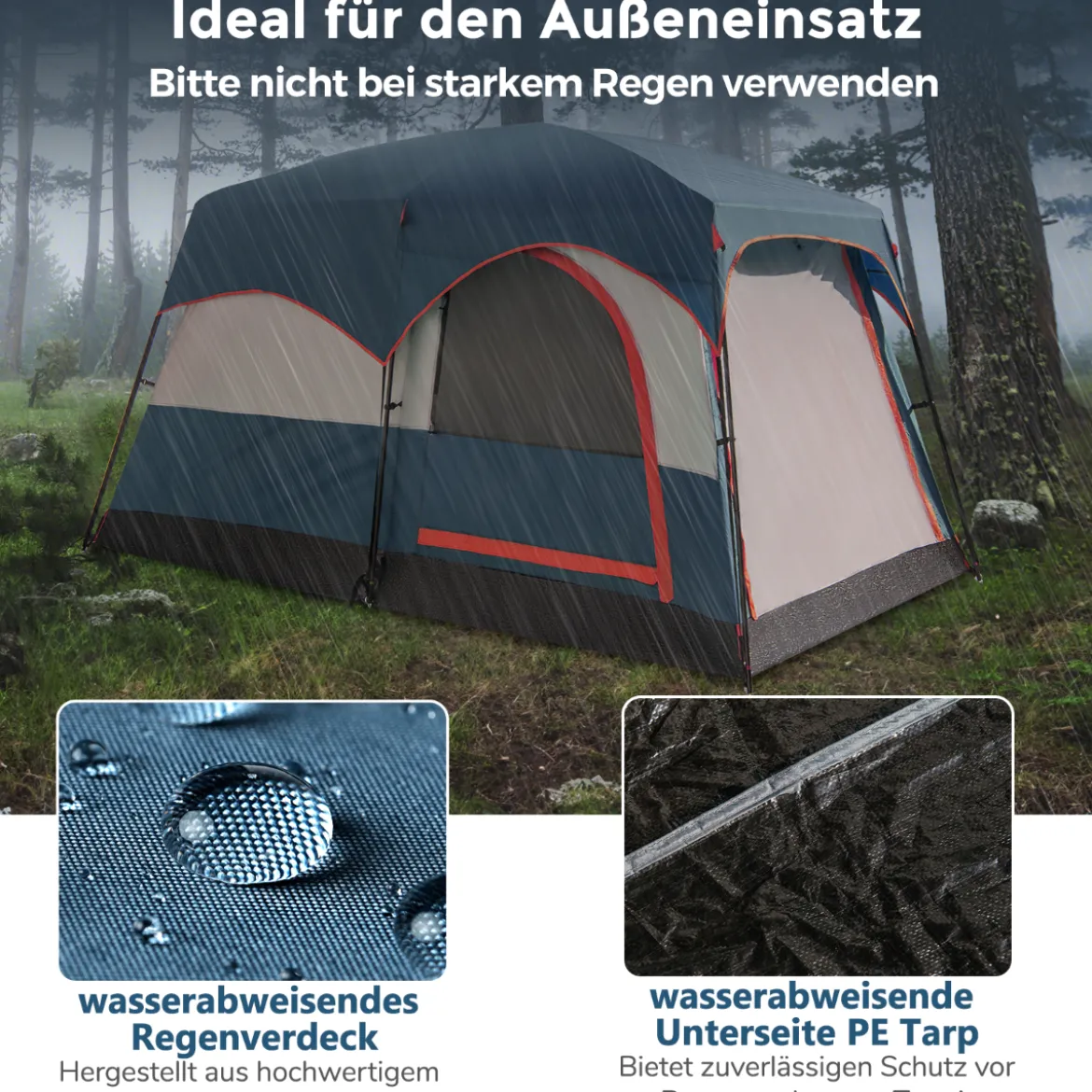 Campingzelt für 6 Personen mit 2-Raum-Trennwand & Regenschutz Blau