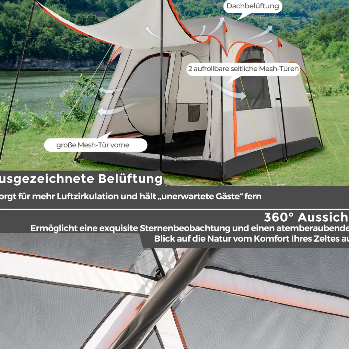 Campingzelt für 6 Personen mit 2-Raum-Trennwand & Regenschutz Hellgrau