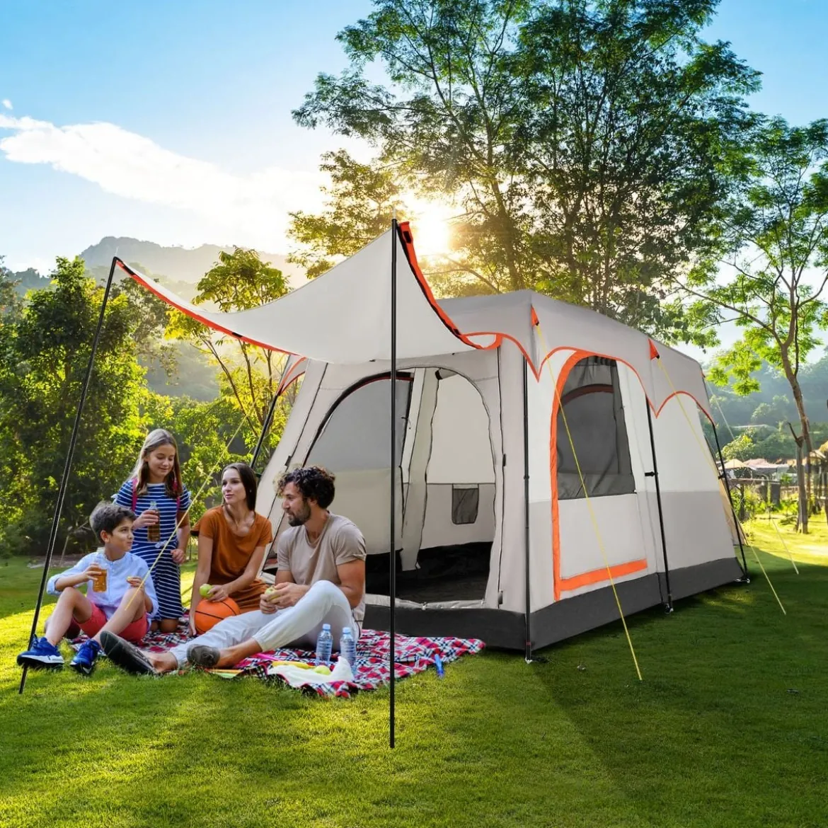 Campingzelt für 6 Personen mit 2-Raum-Trennwand & Regenschutz Hellgrau