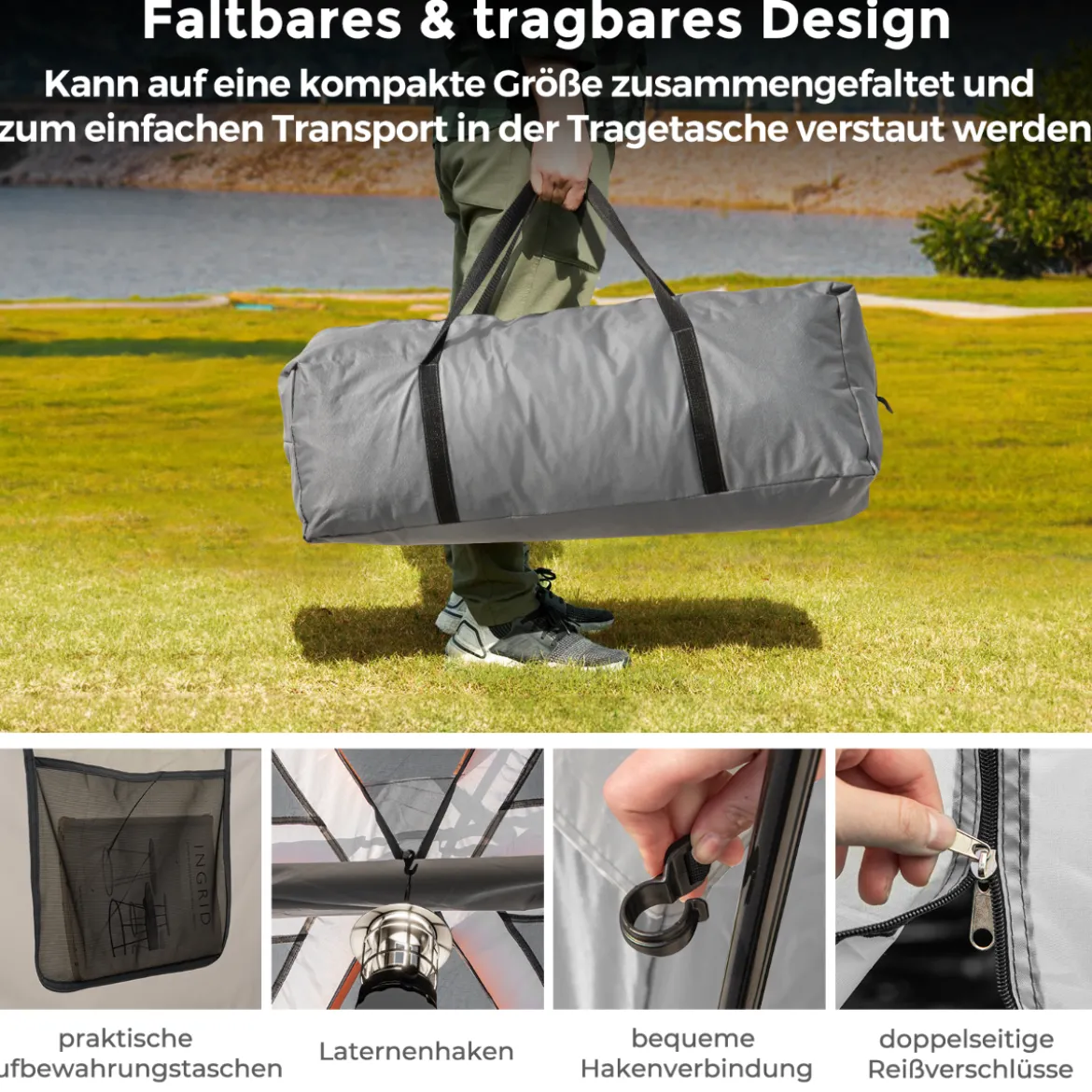 Campingzelt für 6 Personen mit 2-Raum-Trennwand & Regenschutz Hellgrau