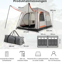 Campingzelt für 6 Personen mit 2-Raum-Trennwand & Regenschutz Hellgrau