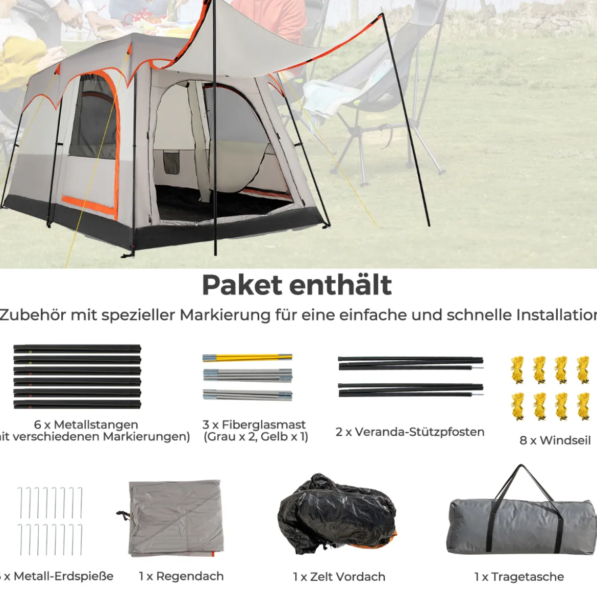 Campingzelt für 6 Personen mit 2-Raum-Trennwand & Regenschutz Hellgrau