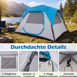 Campingzelt für 6 Personen Wasserfestes Pop Up Zelt mit 5 Fenstern & Tür 316 x 280 x 185 cm