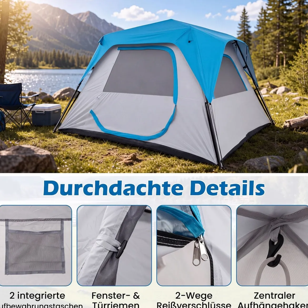 Campingzelt für 6 Personen Wasserfestes Pop Up Zelt mit 5 Fenstern & Tür 316 x 280 x 185 cm