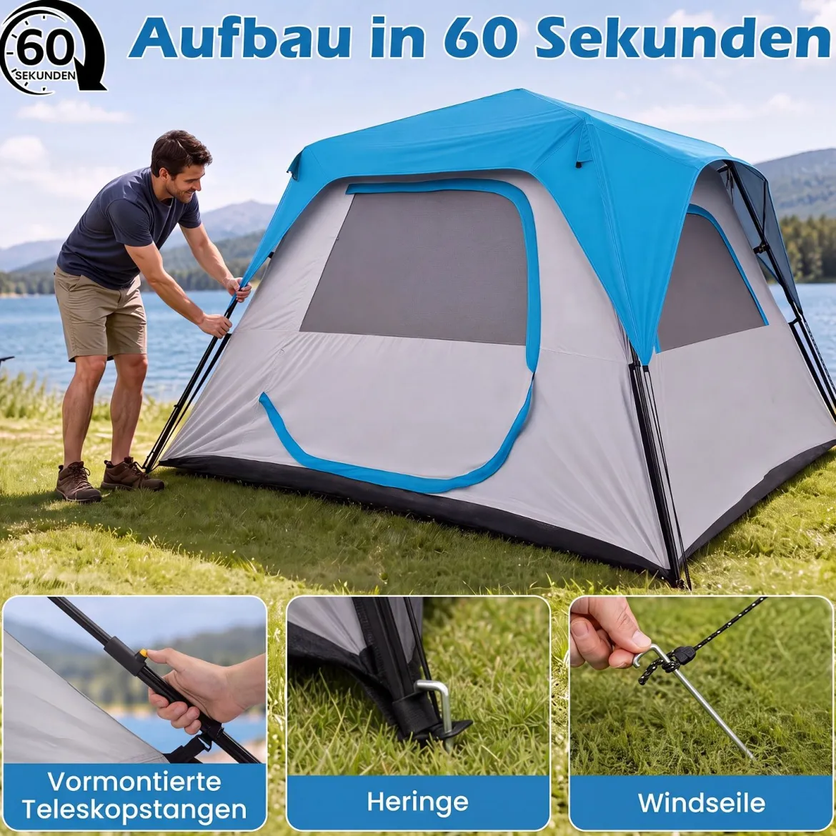 Campingzelt für 6 Personen Wasserfestes Pop Up Zelt mit 5 Fenstern & Tür 316 x 280 x 185 cm