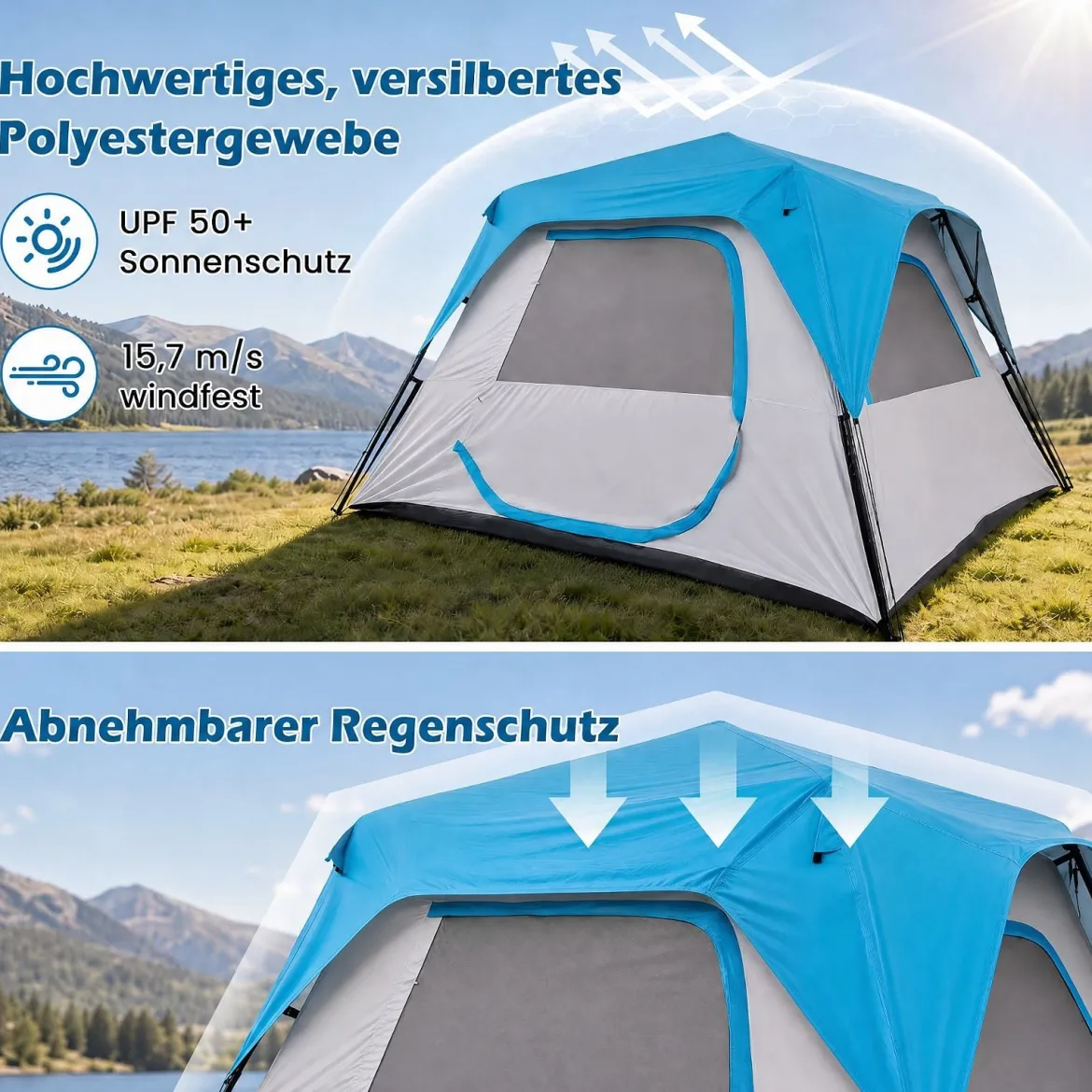 Campingzelt für 6 Personen Wasserfestes Pop Up Zelt mit 5 Fenstern & Tür 316 x 280 x 185 cm