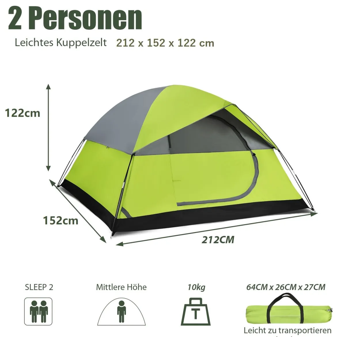 Campingzelt mit wasserabweisendem Oxford-Stoff Doppelschicht 212 x 152 x 122 cm Grün