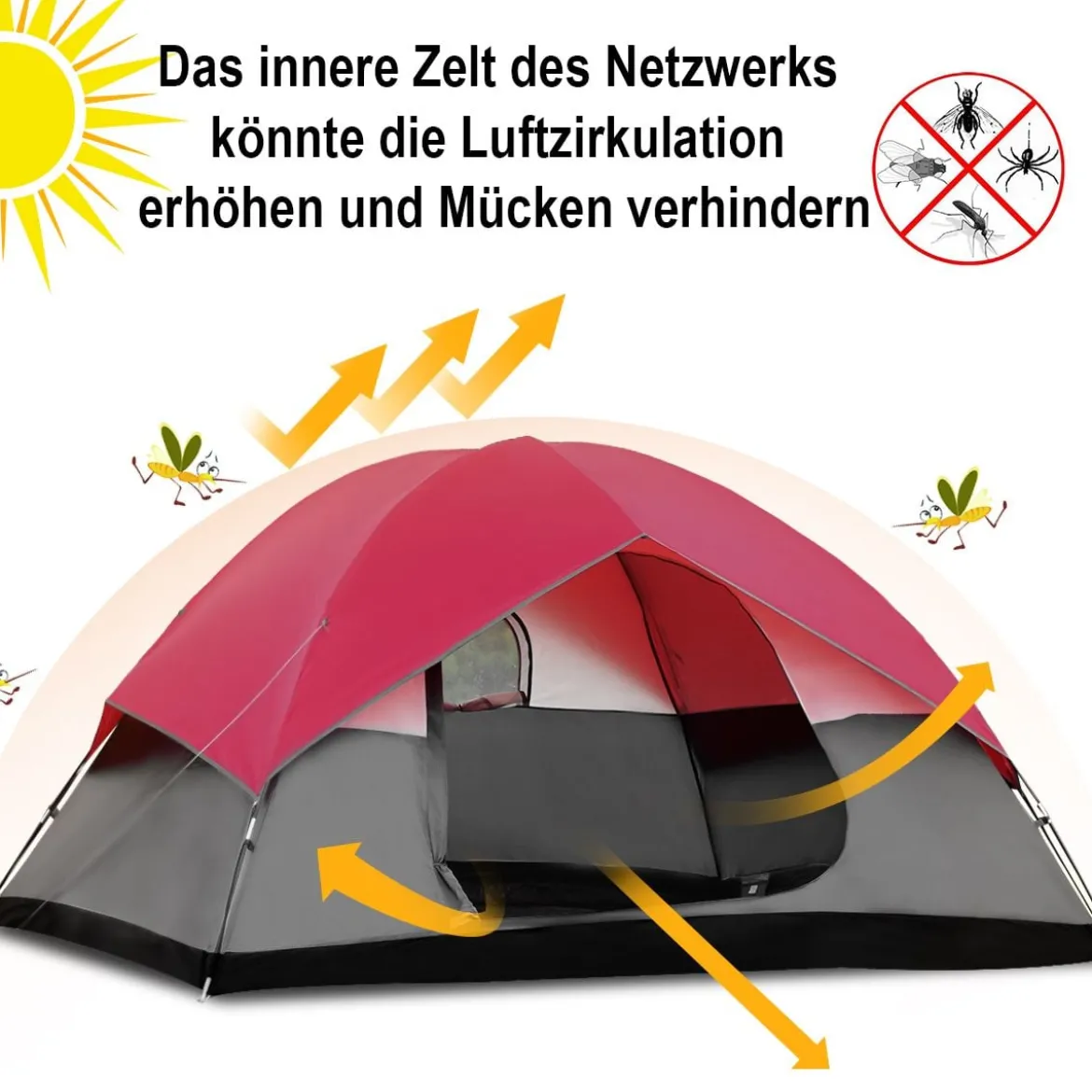 Campingzelt 5-6 Personen Kuppelzelt Wurfzelt Doppelschicht Winddichte 300x300x165cm Rot und Grau