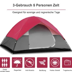 Campingzelt 5-6 Personen Kuppelzelt Wurfzelt Doppelschicht Winddichte 300x300x165cm Rot und Grau
