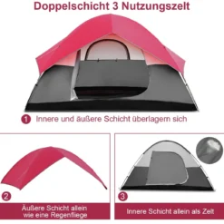 Campingzelt 5-6 Personen Kuppelzelt Wurfzelt Doppelschicht Winddichte 300x300x165cm Rot und Grau