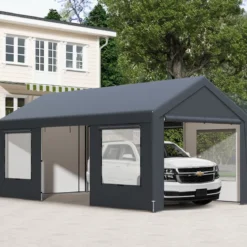 Carport Zeltgarage mit 8 Abnehmbaren Seitenwänden & Rolltüren Garagenzelt Weidezelt