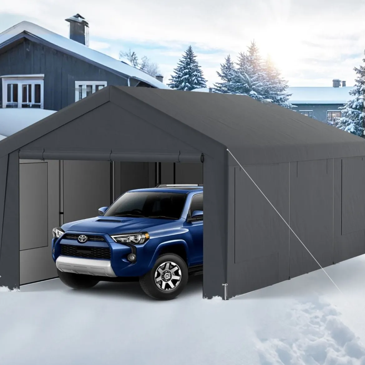 Carport Zeltgarage mit 8 Abnehmbaren Seitenwänden & Rolltüren Garagenzelt Weidezelt