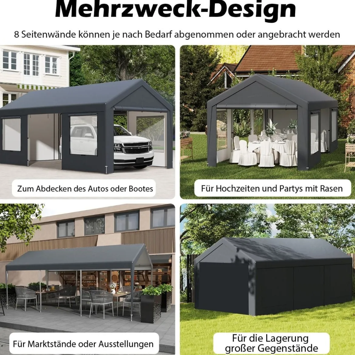 Carport Zeltgarage mit 8 Abnehmbaren Seitenwänden & Rolltüren Garagenzelt Weidezelt