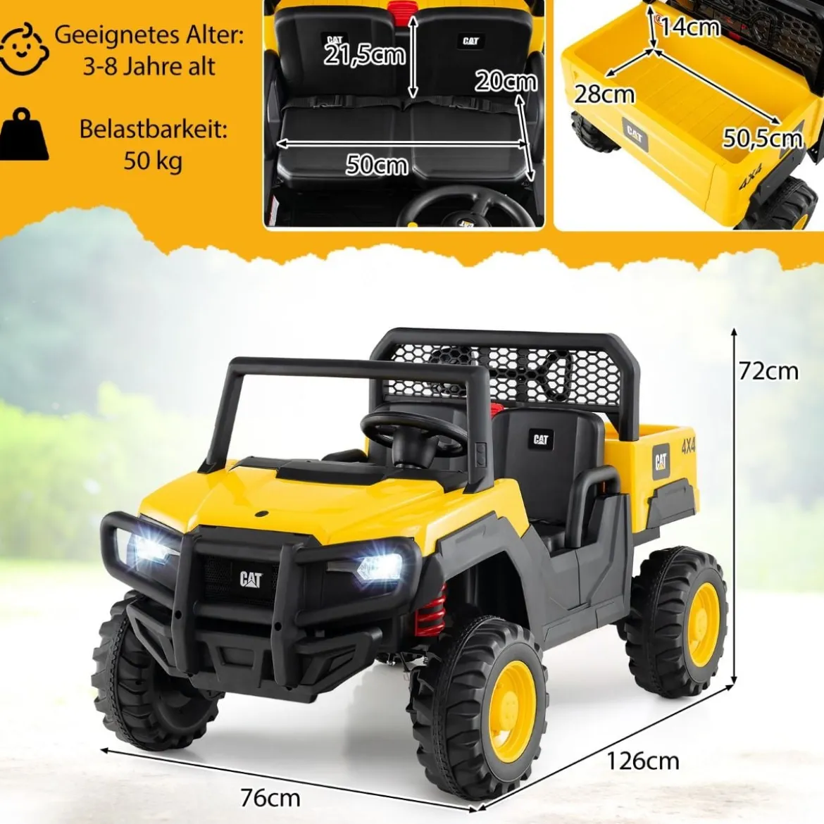 Caterpillar Elektro Auto 24V 2-Sitzer Elektrofahrzeug mit Fernbedienung & 4 x 100W Motoren Elektroauto Gelb