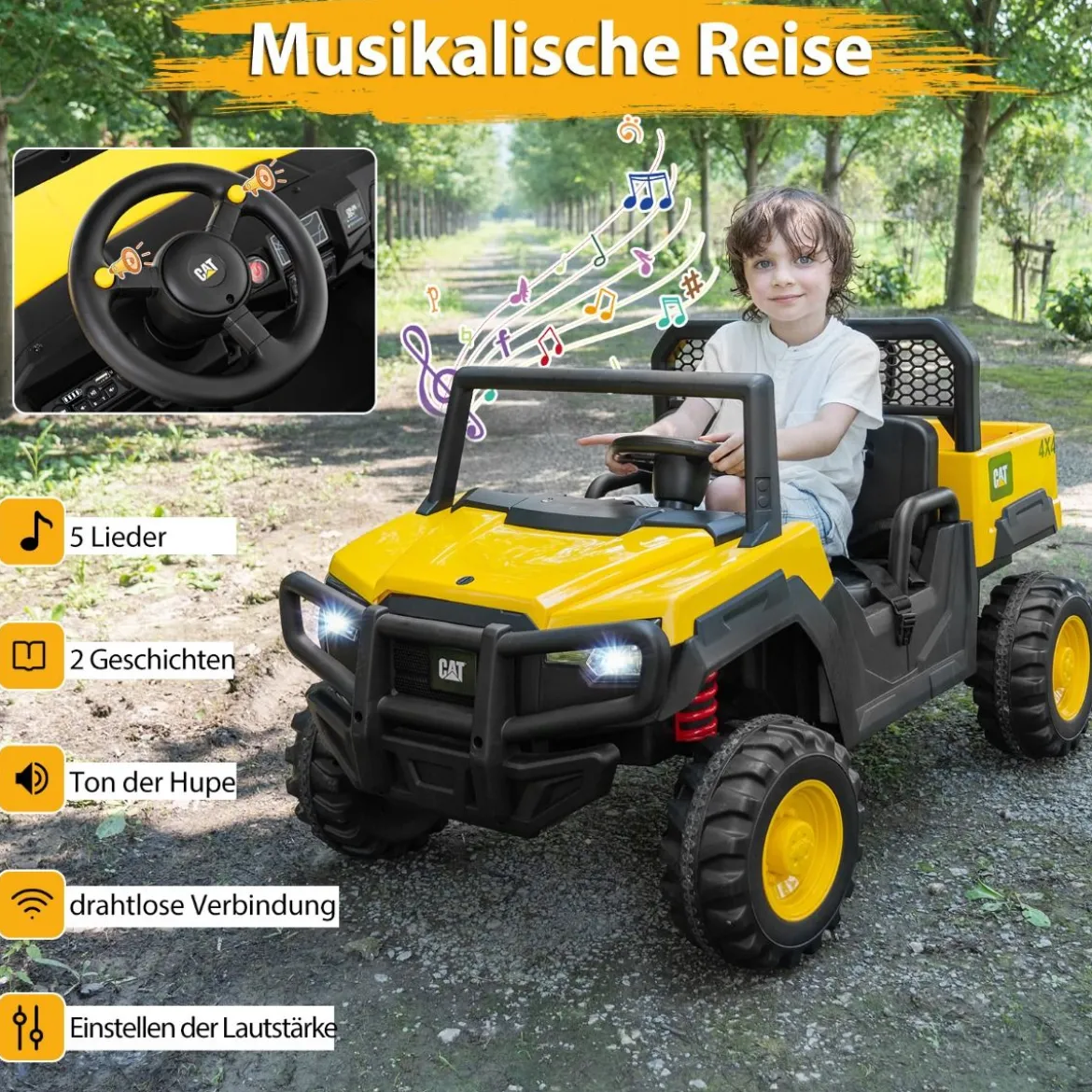 Caterpillar Elektro Auto 24V 2-Sitzer Elektrofahrzeug mit Fernbedienung & 4 x 100W Motoren Elektroauto Gelb