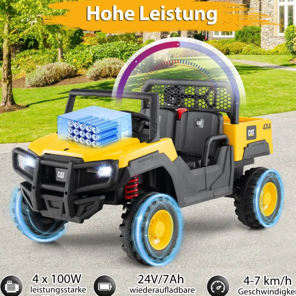 Caterpillar Elektro Auto 24V 2-Sitzer Elektrofahrzeug mit Fernbedienung & 4 x 100W Motoren Elektroauto Gelb