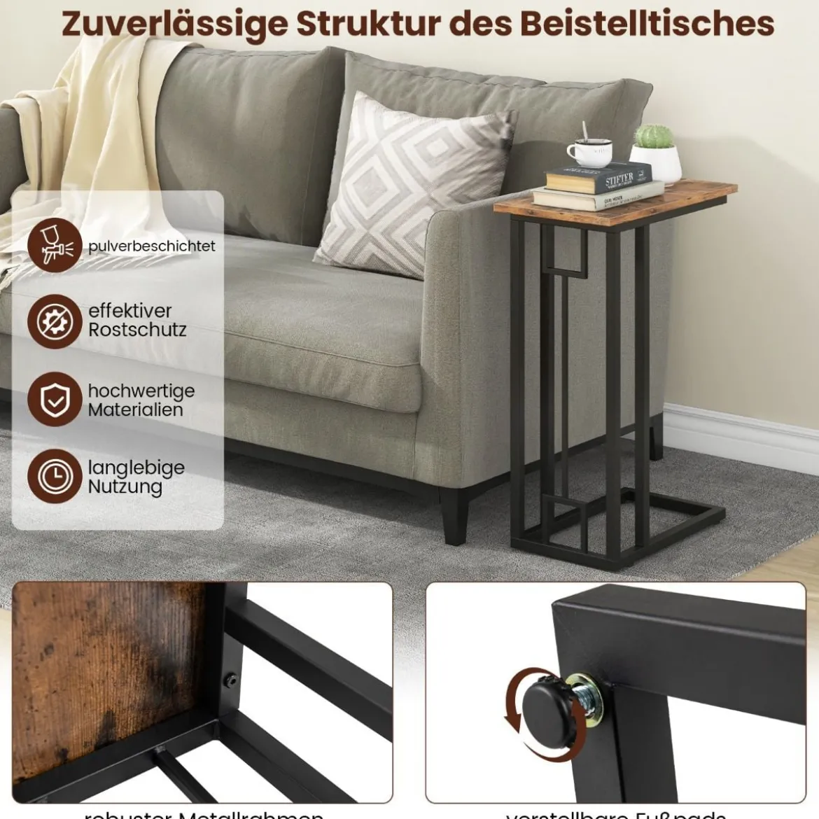 C-förmiger Beistelltisch kompakter Sofatisch für kleine Räume Kaffeetisch mit Metallrahmen 48 x 26 x 66 cm