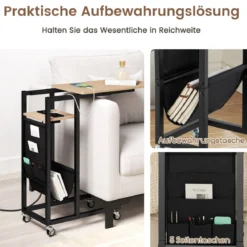 C-förmiger Beistelltisch mit Ladestation & Ausziehbarer Tischplatte & Seitentasche Sofatisch