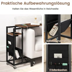 C-förmiger Beistelltisch mit Ladestation & Ausziehbarer Tischplatte & Seitentasche Sofatisch
