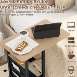 C-förmiger Beistelltisch mit Ladestation & Ausziehbarer Tischplatte & Seitentasche Sofatisch