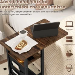 C-förmiger Beistelltisch mit Ladestation & Ausziehbarer Tischplatte & Seitentasche Sofatisch