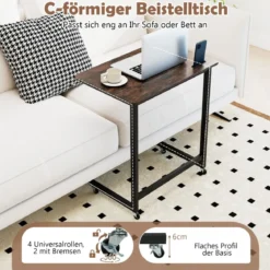 C-förmiger Beistelltisch mit Rollen & Handyhalter Mobiler Laptoptisch Platzsparender Sofatisch