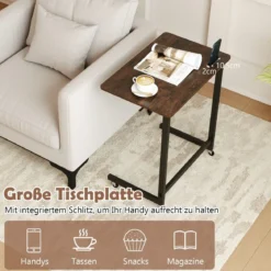 C-förmiger Beistelltisch mit Rollen & Handyhalter Mobiler Laptoptisch Platzsparender Sofatisch