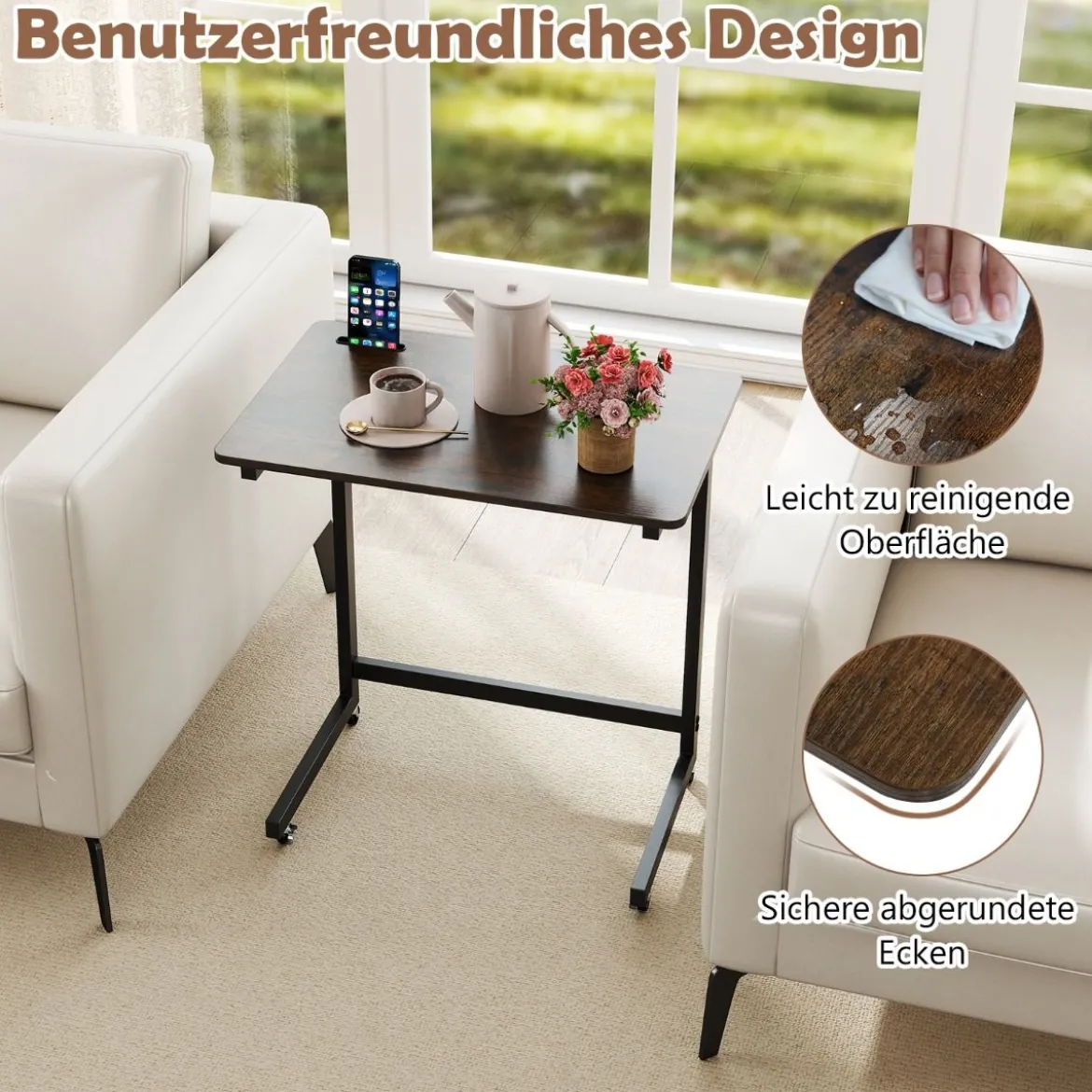 C-förmiger Beistelltisch mit Rollen & Handyhalter Mobiler Laptoptisch Platzsparender Sofatisch