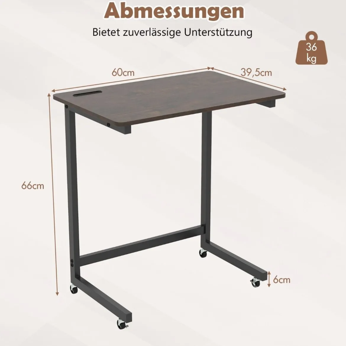 C-förmiger Beistelltisch mit Rollen & Handyhalter Mobiler Laptoptisch Platzsparender Sofatisch
