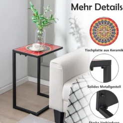C-förmiger Beistelltisch Sofatisch mit Metallrahmen Terrassentisch 46,5 x 32 x 65,5 cm Schwarz + Rot
