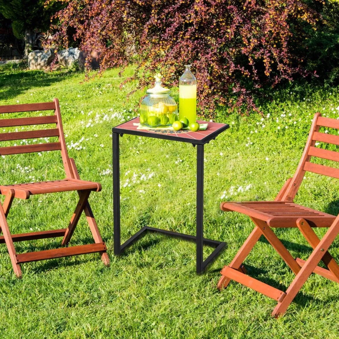C-förmiger Beistelltisch Sofatisch mit Metallrahmen Terrassentisch 46,5 x 32 x 65,5 cm Schwarz + Rot