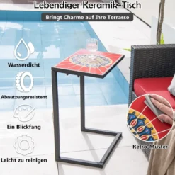 C-förmiger Beistelltisch Sofatisch mit Metallrahmen Terrassentisch 46,5 x 32 x 65,5 cm Schwarz + Rot