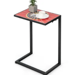 C-förmiger Beistelltisch Sofatisch mit Metallrahmen Terrassentisch 46,5 x 32 x 65,5 cm Schwarz + Rot