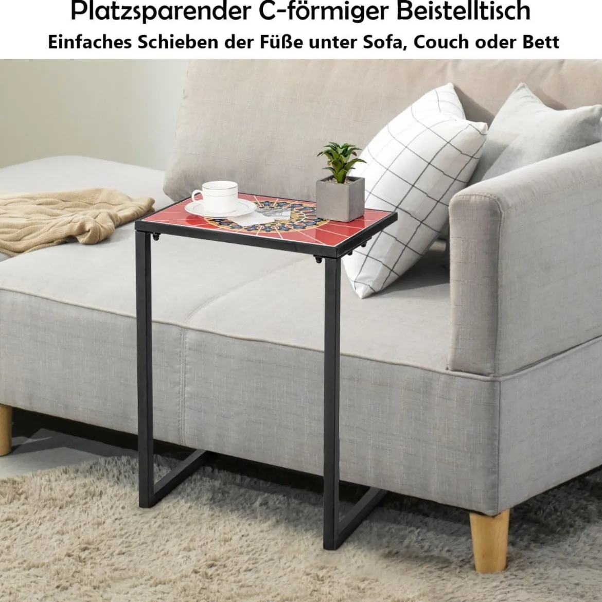C-förmiger Beistelltisch Sofatisch mit Metallrahmen Terrassentisch 46,5 x 32 x 65,5 cm Schwarz + Rot