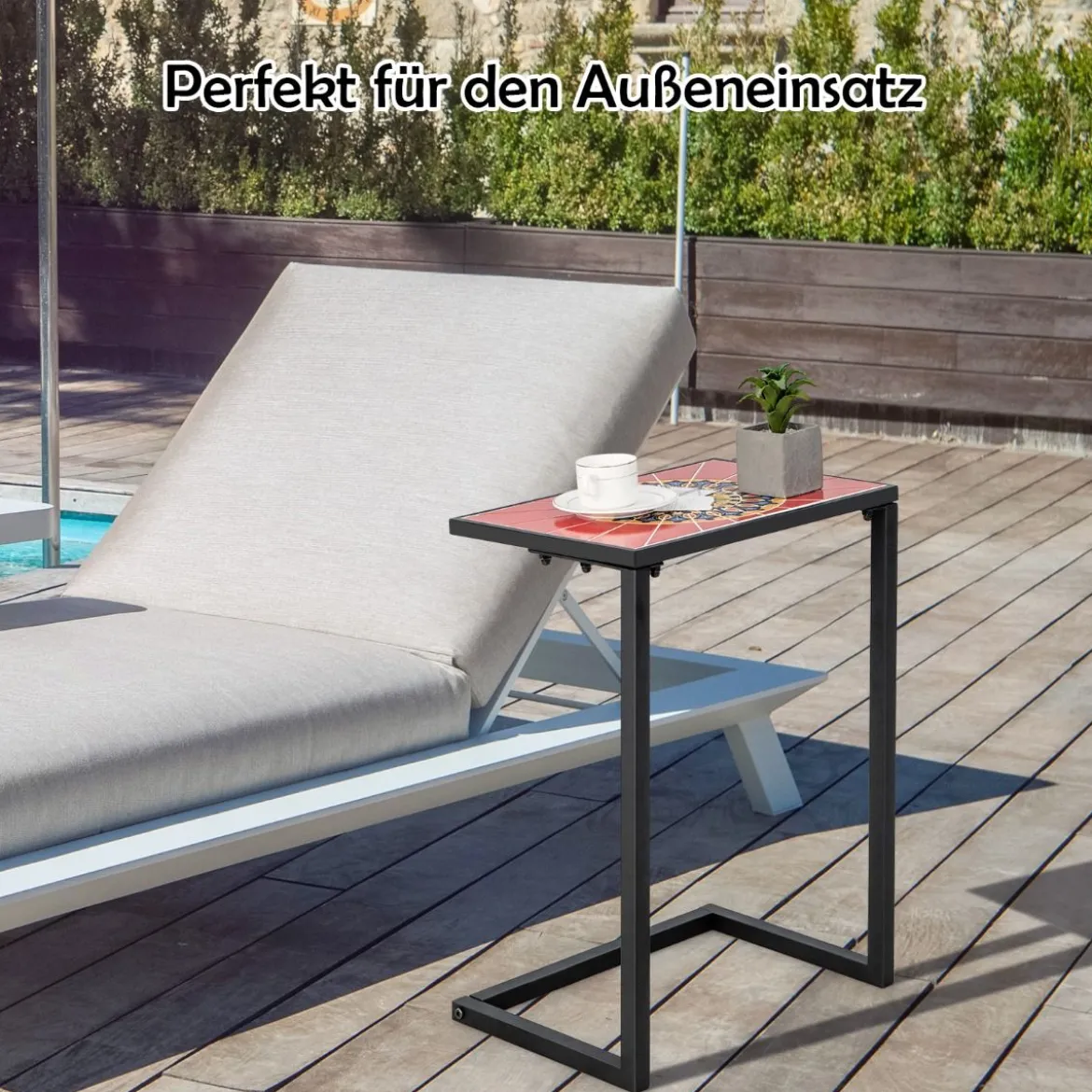 C-förmiger Beistelltisch Sofatisch mit Metallrahmen Terrassentisch 46,5 x 32 x 65,5 cm Schwarz + Rot