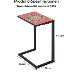 C-förmiger Beistelltisch Sofatisch mit Metallrahmen Terrassentisch 46,5 x 32 x 65,5 cm Schwarz + Rot