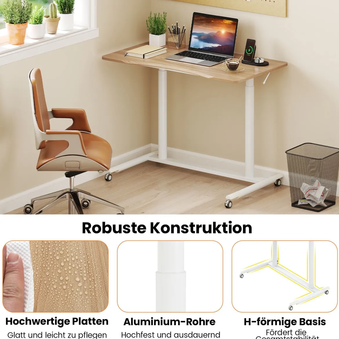 C-förmiger Schreibtsich mit Rollen 70-106 cm höhenverstellbarer ComputertischStehpult Natur