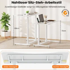 C-förmiger Schreibtsich mit Rollen 70-106 cm höhenverstellbarer ComputertischStehpult Weiß