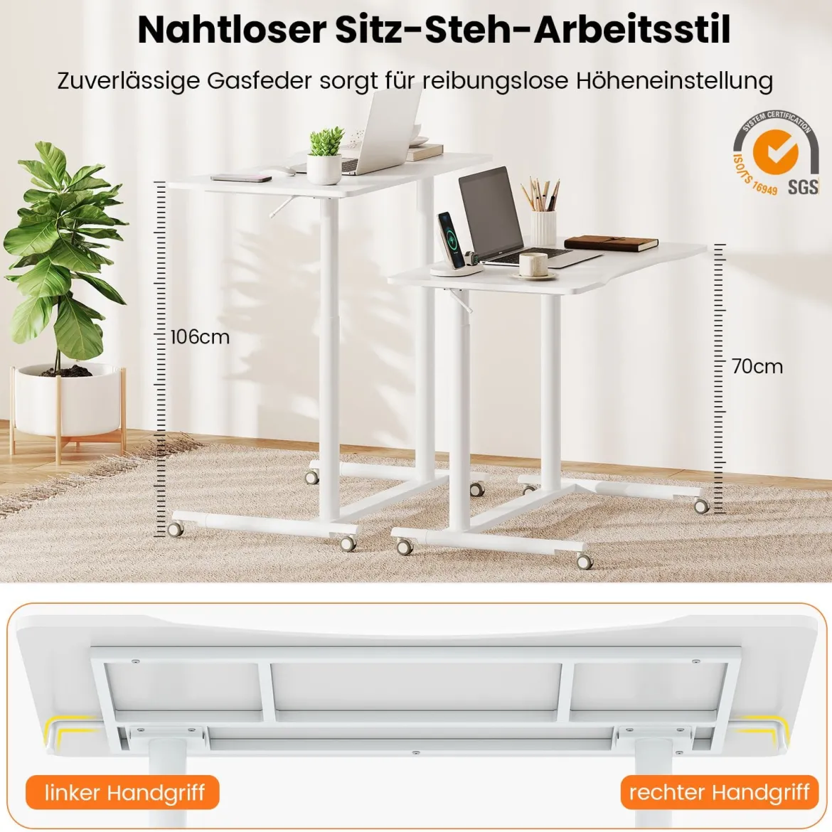 C-förmiger Schreibtsich mit Rollen 70-106 cm höhenverstellbarer ComputertischStehpult Weiß