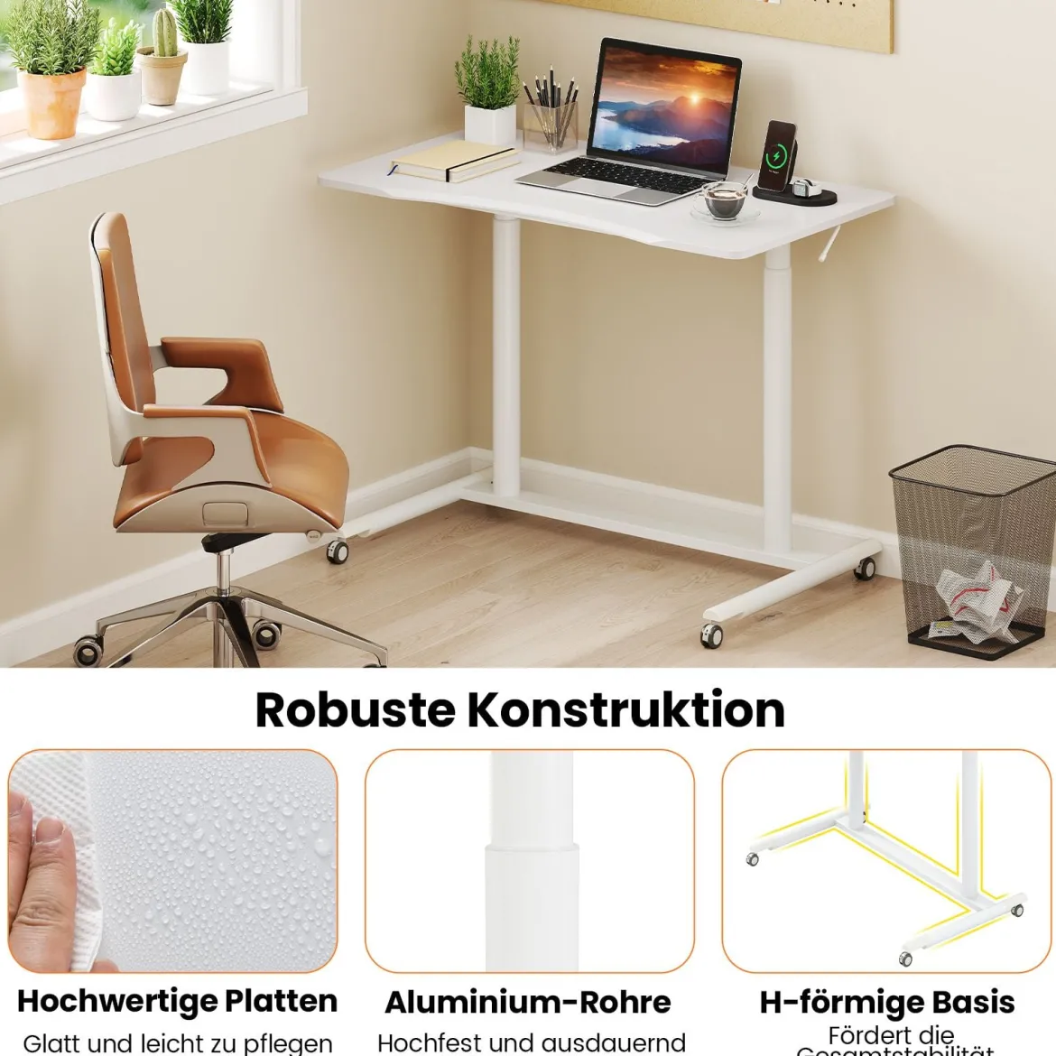 C-förmiger Schreibtsich mit Rollen 70-106 cm höhenverstellbarer ComputertischStehpult Weiß