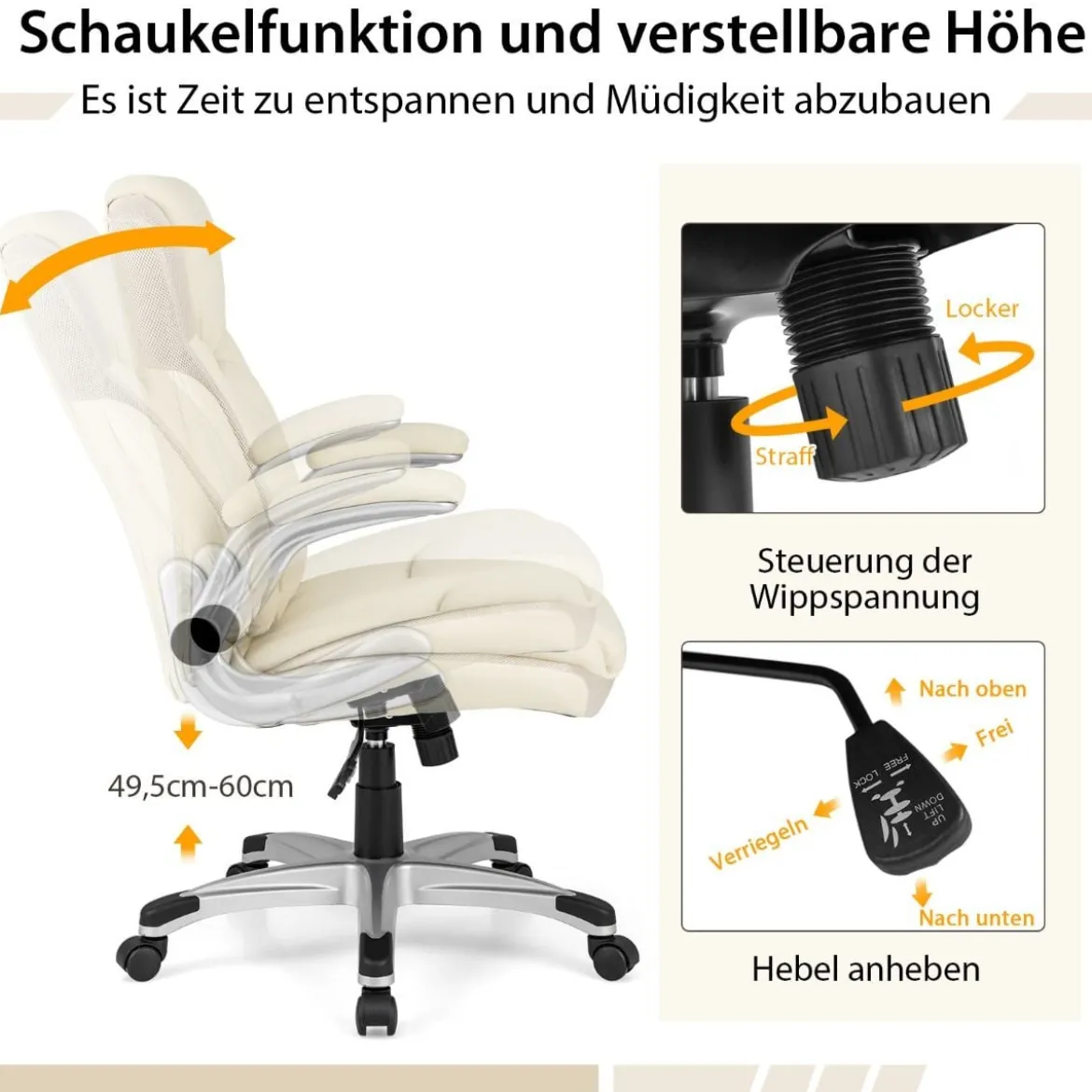 Chefsessel drehbarer Schreibtischstuhl aus Kunstleder mit Wippfunktion 72 x 72 x 108–118 cm Weiß