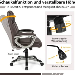 Chefsessel drehbarer Schreibtischstuhl aus Kunstleder mit Wippfunktion und verstellbarer Höhe 64 x 69 x 106–116 cm Braun