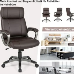 Chefsessel drehbarer Schreibtischstuhl aus Kunstleder mit Wippfunktion und verstellbarer Höhe 64 x 69 x 106–116 cm Braun