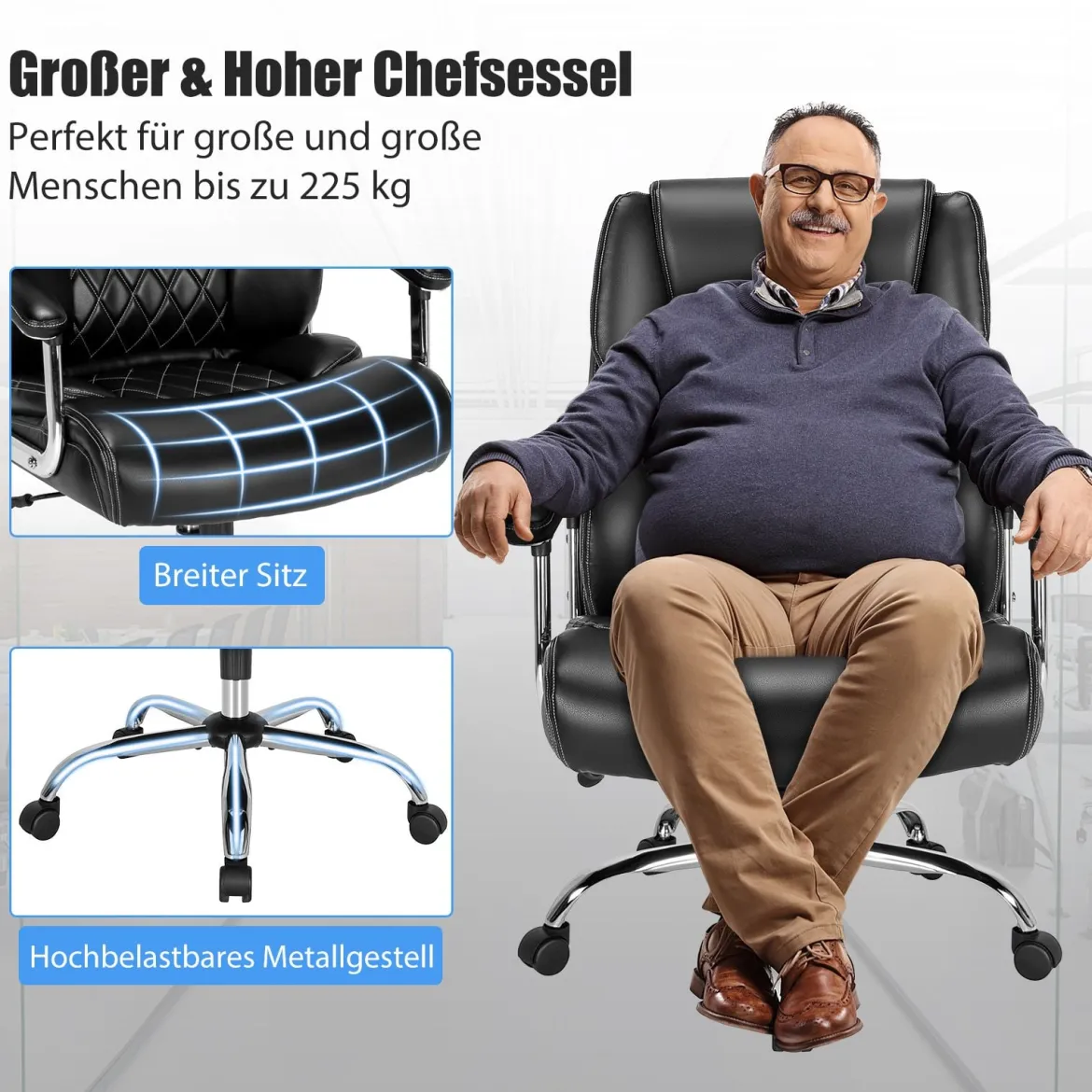 Chefsessel ergonomischer Bürostuhl bis 225 kg belastbar Schreibtischstuhl mit Wippfunktion