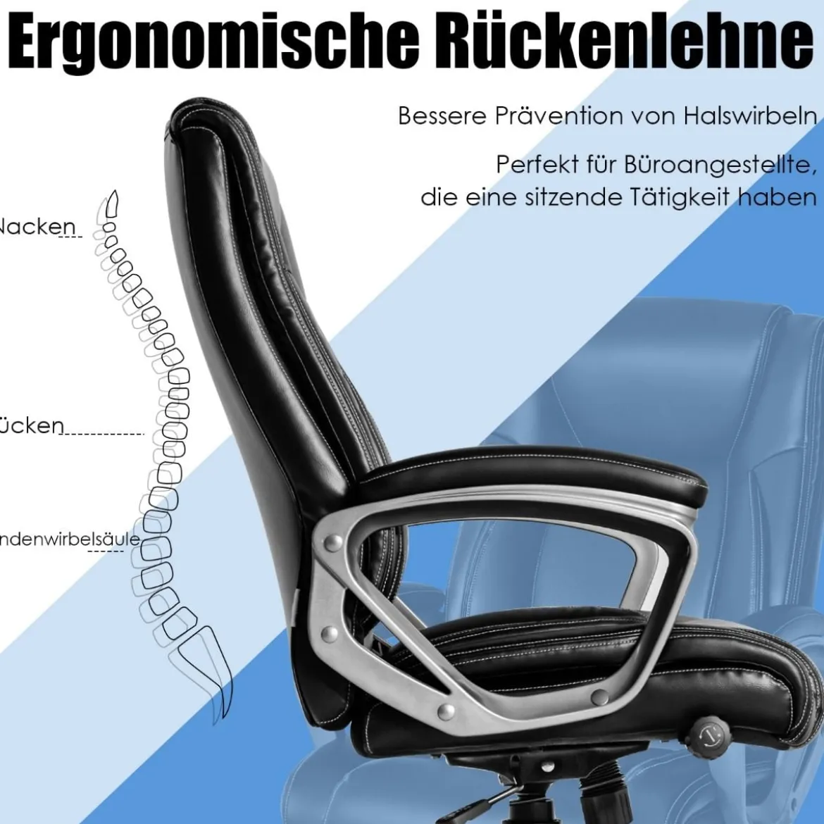 Chefsessel mit Verstellbarer Lendenwirbelstütze Ergonomischer Bürostuhl 78,5 x 68,5 x 109,5-119 cm Schwarz