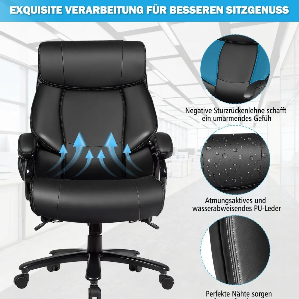 Chefstuhl Bürostuhl Drehstuhl mit Verstellbarer Höhe und Winkel Schwarz