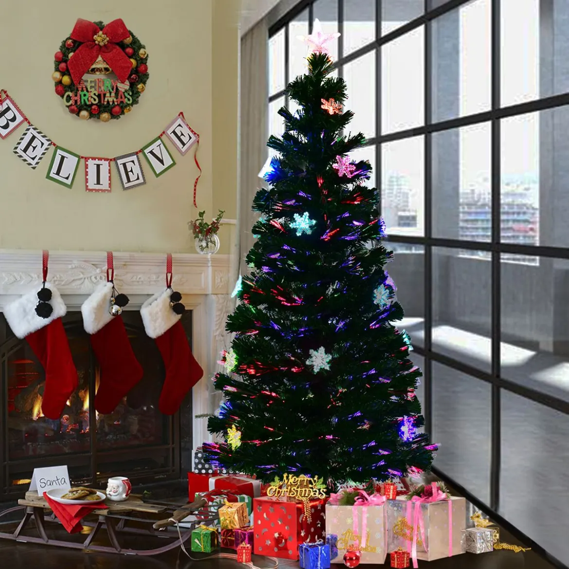 Christbaum LED 90/120/150/180 cm Künstlicher Weihnachtsbaum mit Glasfaser-Farbwechsler Grün