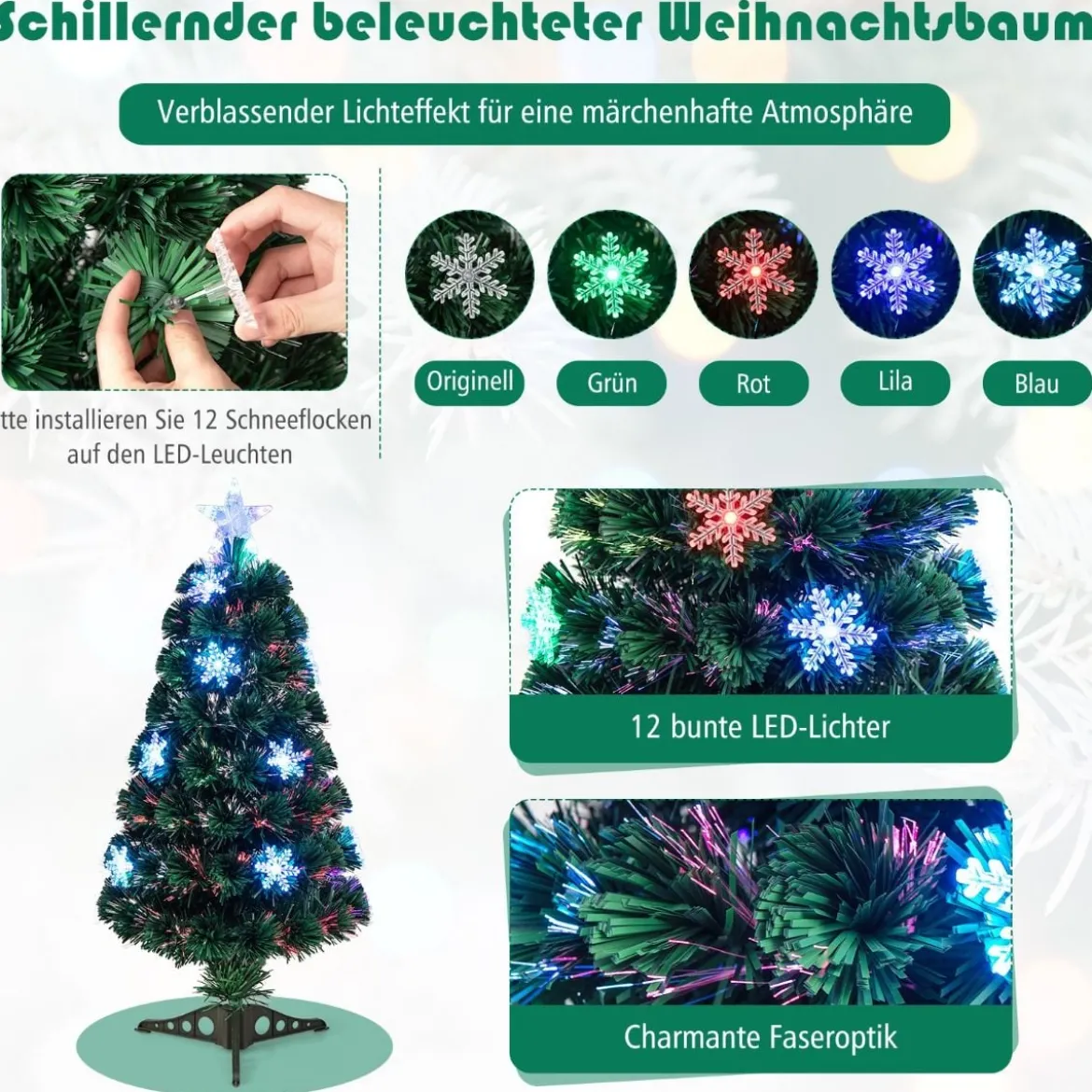 Christbaum LED 90/120/150/180 cm Künstlicher Weihnachtsbaum mit Glasfaser-Farbwechsler Grün