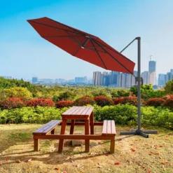 Ø300cm Ampelschirm LED Sonnenschirm mit Kreuzständer Terrassenschirm neigbar Weinrot
