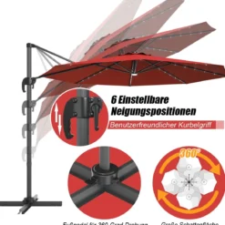Ø300cm Ampelschirm LED Sonnenschirm mit Kreuzständer Terrassenschirm neigbar Weinrot